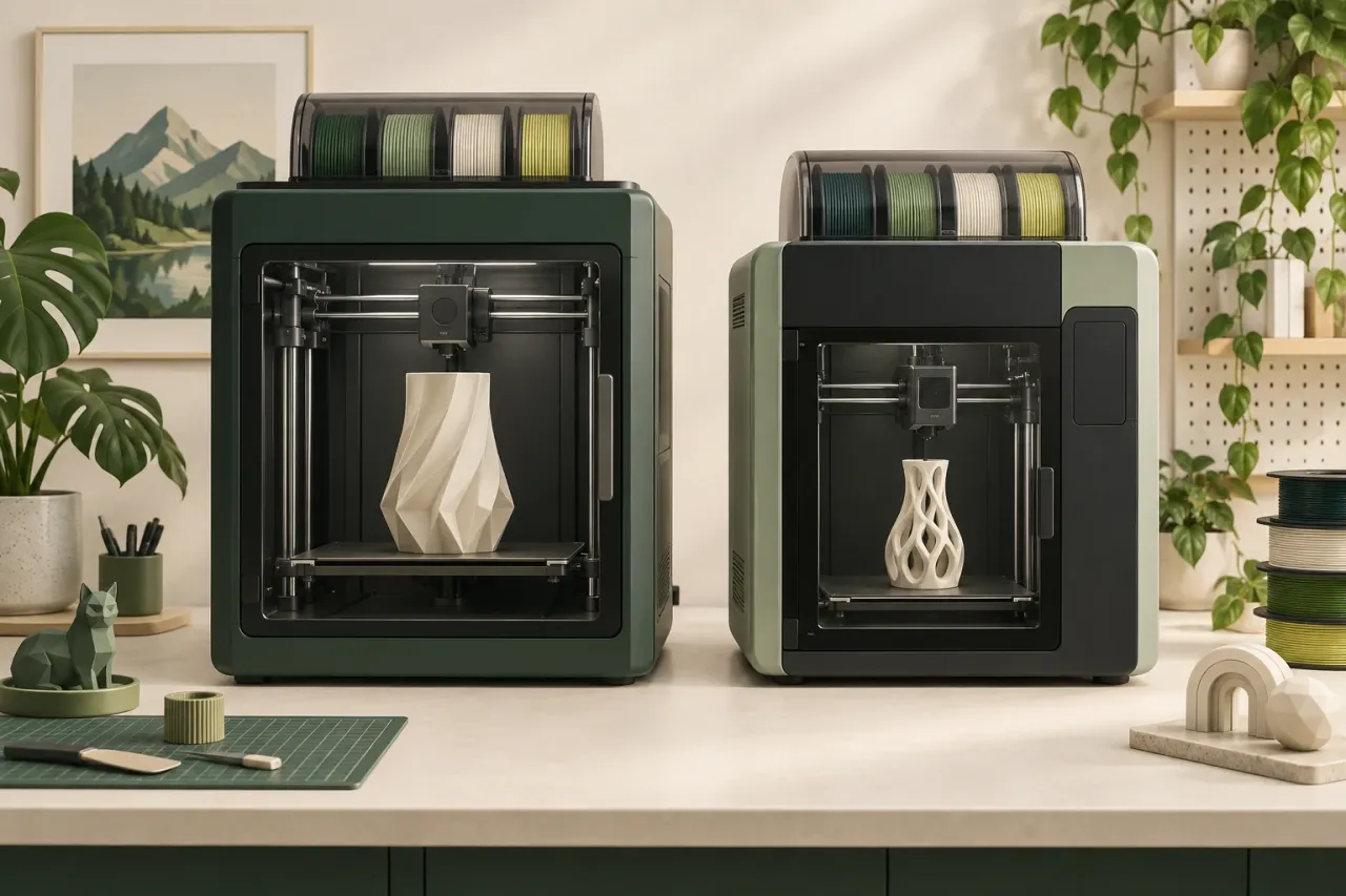 Creality K2 Plus and Bambu Lab H2D 3D printers side by side