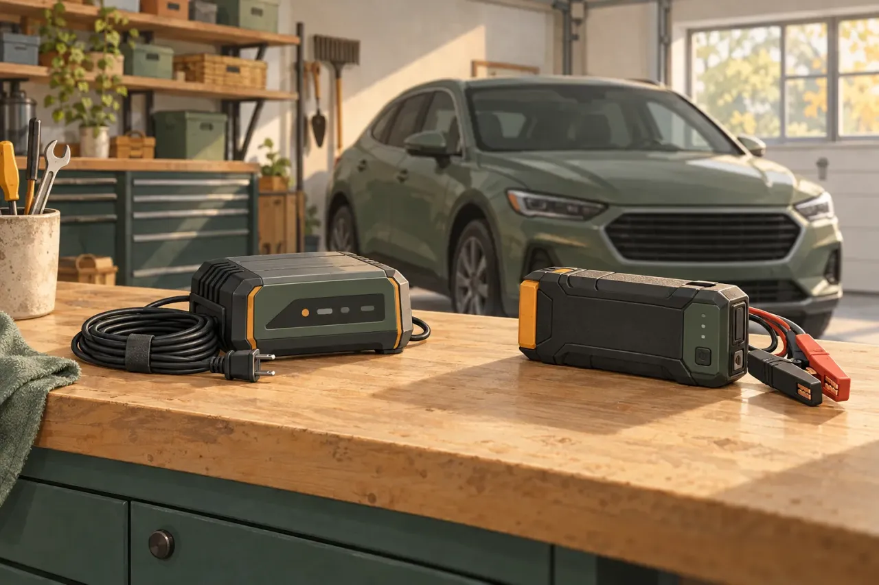Illustration of a parked car, a generic battery maintainer and a portable jump starter on a garage workbench