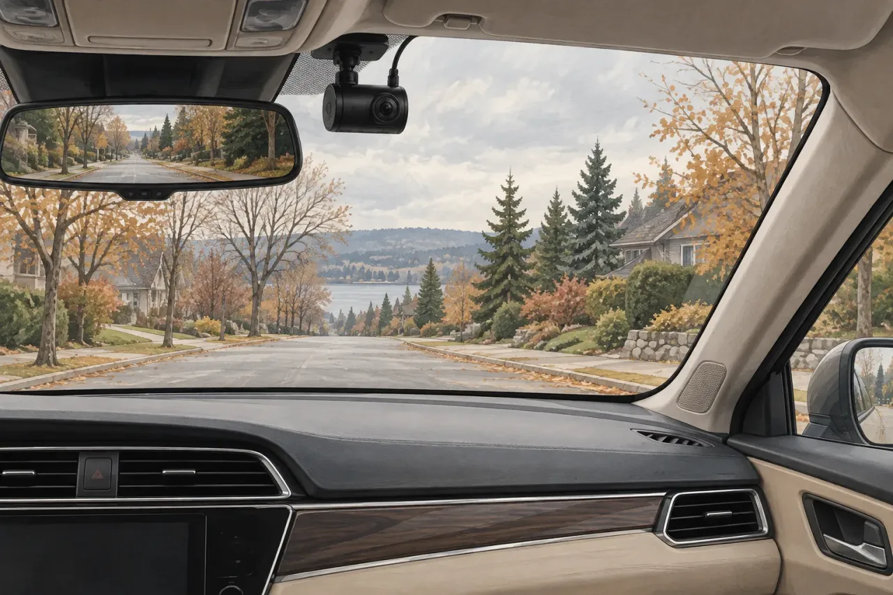 Illustration of a generic dash camera and the road ahead through a car windscreen