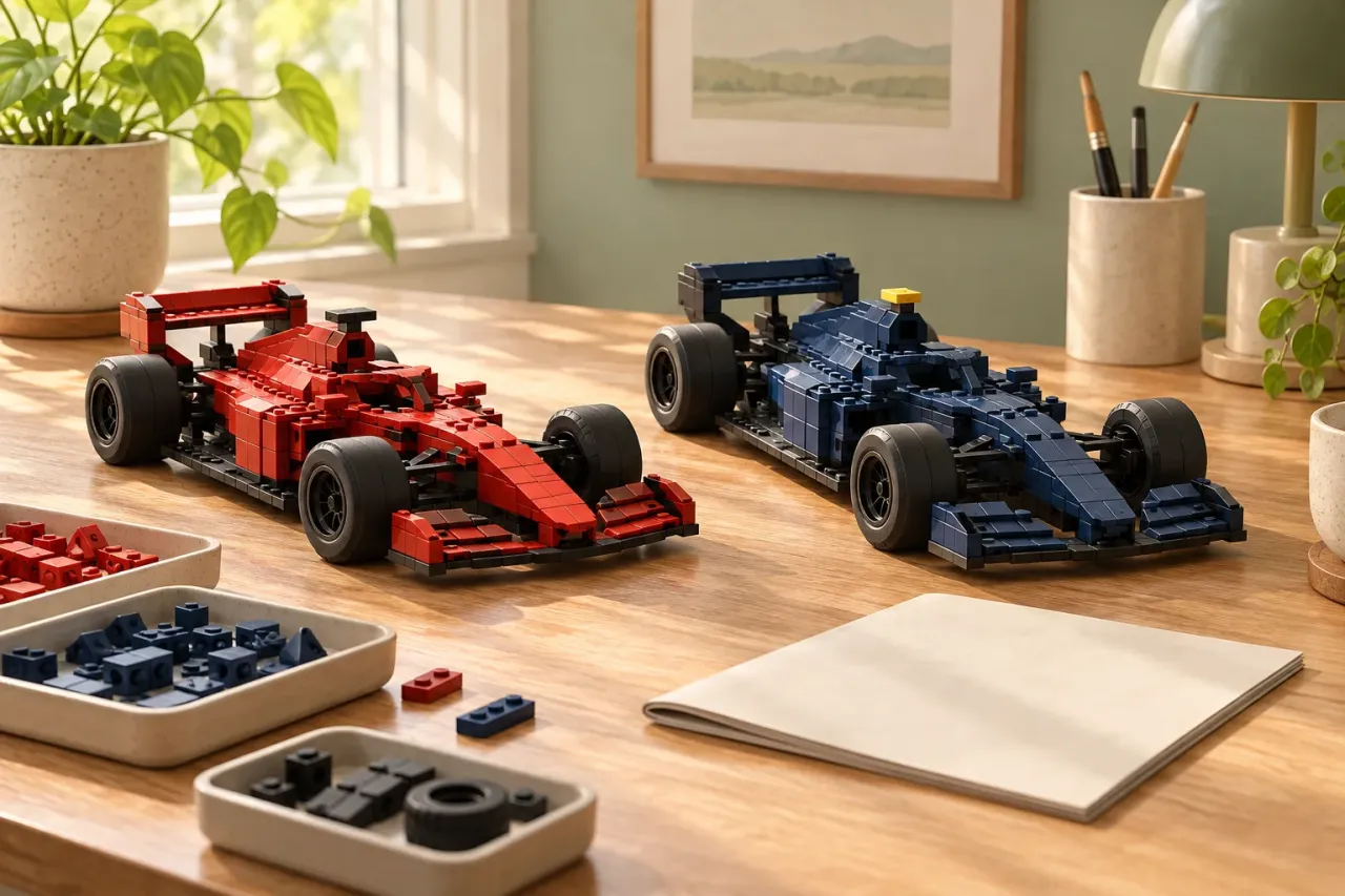 Illustration of generic red and navy brick-built race cars on a hobby desk