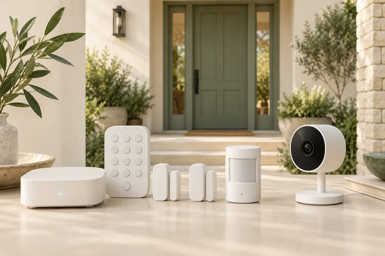 AI-generated conceptual illustration of home alarm sensors, a keypad and a camera; not a Ring product photograph.