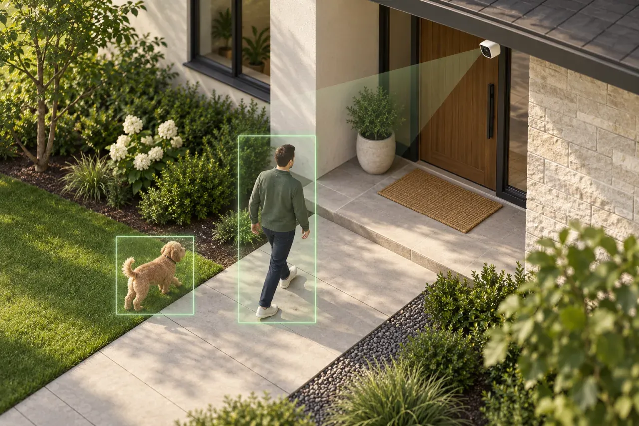 AI-generated conceptual home entrance with illustrative detection boxes around a person and dog; not a product screenshot.