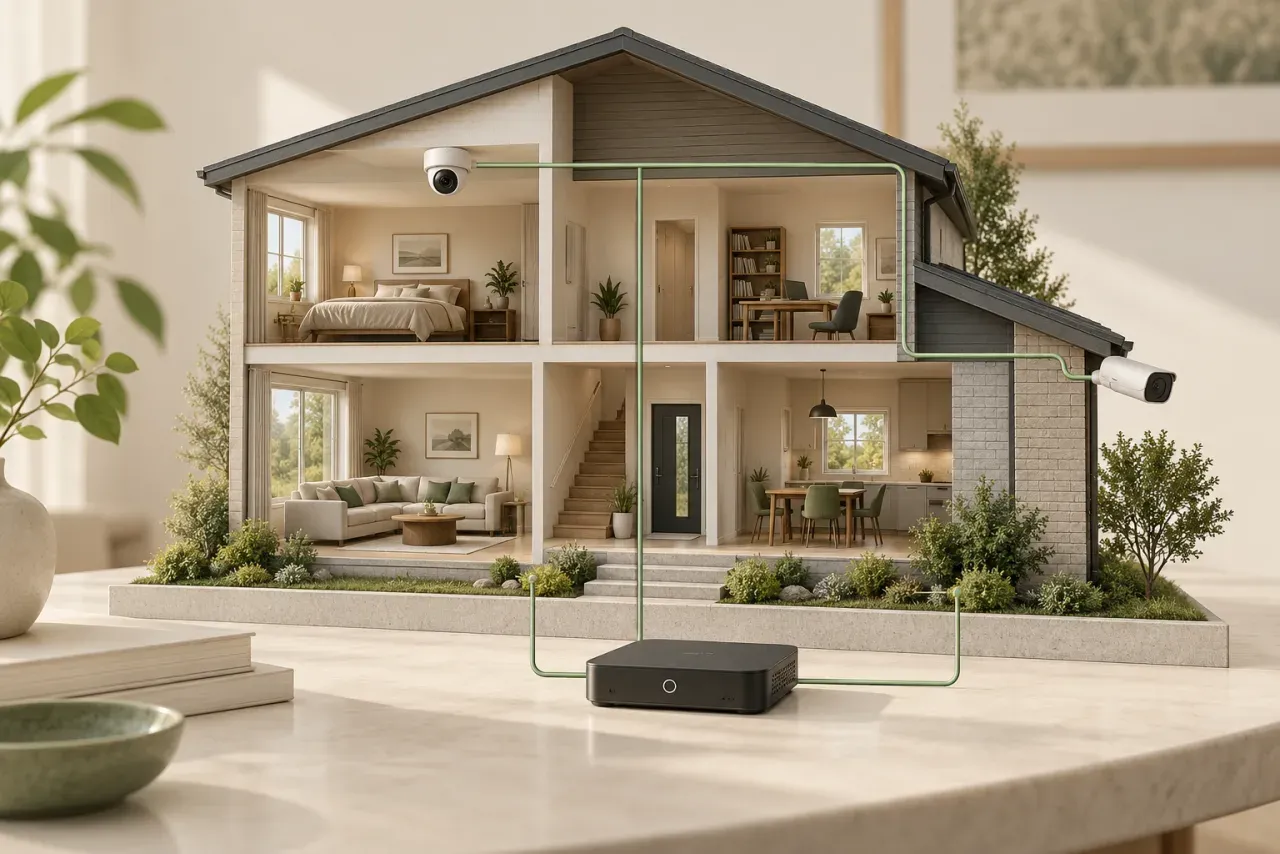 AI-generated conceptual cutaway of a home with indoor and outdoor cameras.