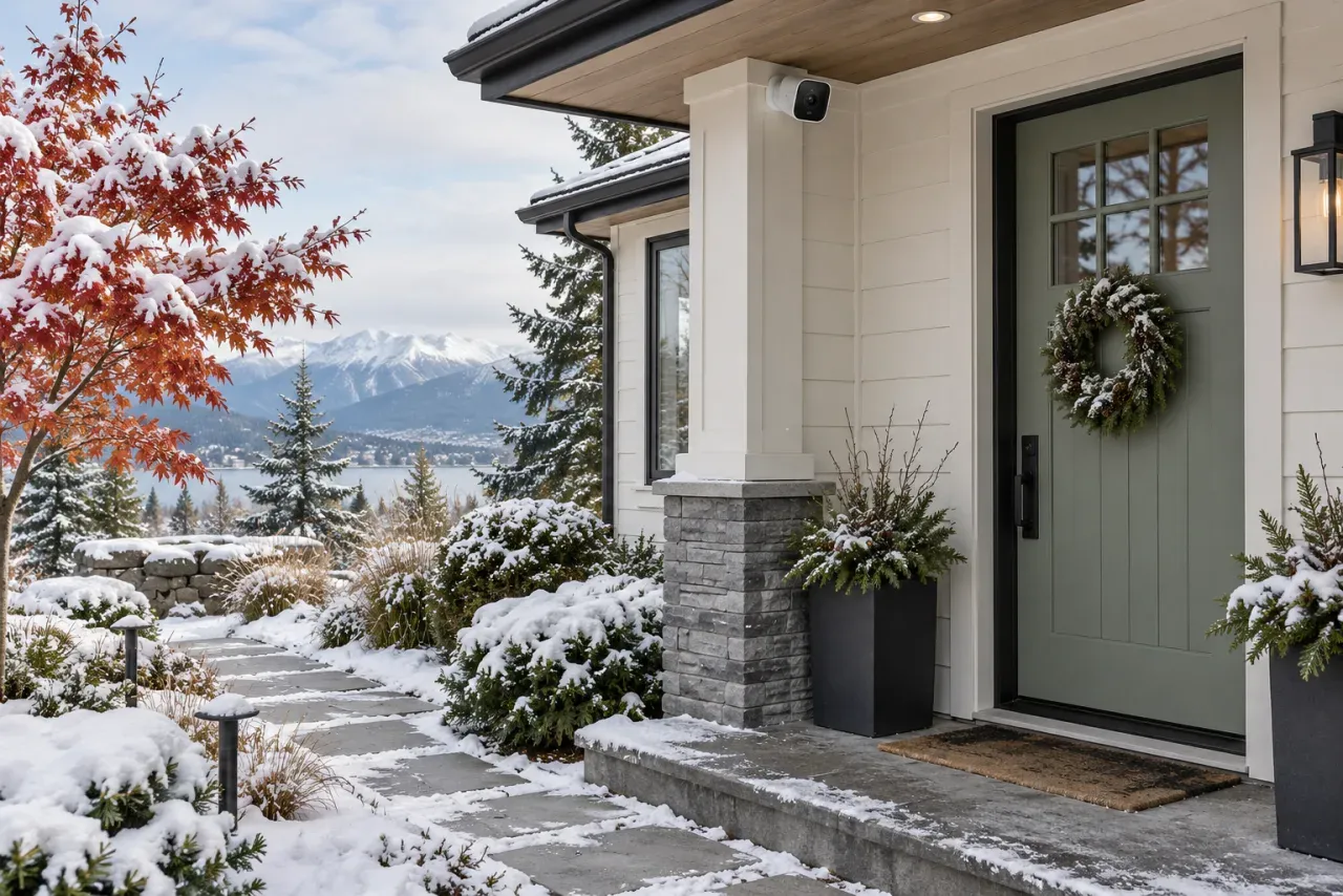 AI-generated illustration of a camera overlooking a snowy Canadian home entrance.