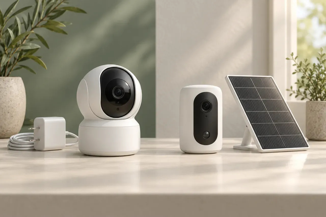 AI-generated conceptual still life of a powered camera beside a battery camera and solar panel.