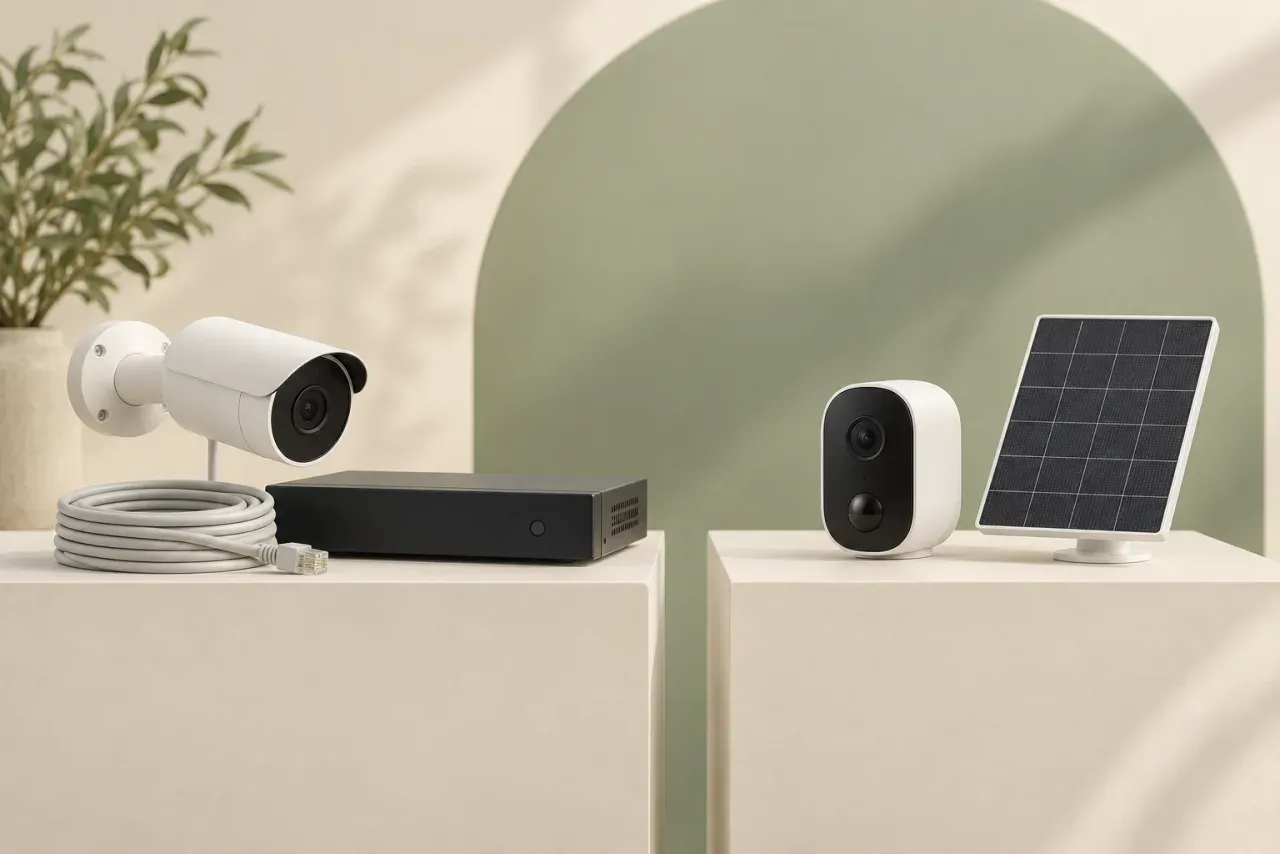 AI-generated conceptual comparison of a wired camera recorder setup and a wireless camera.